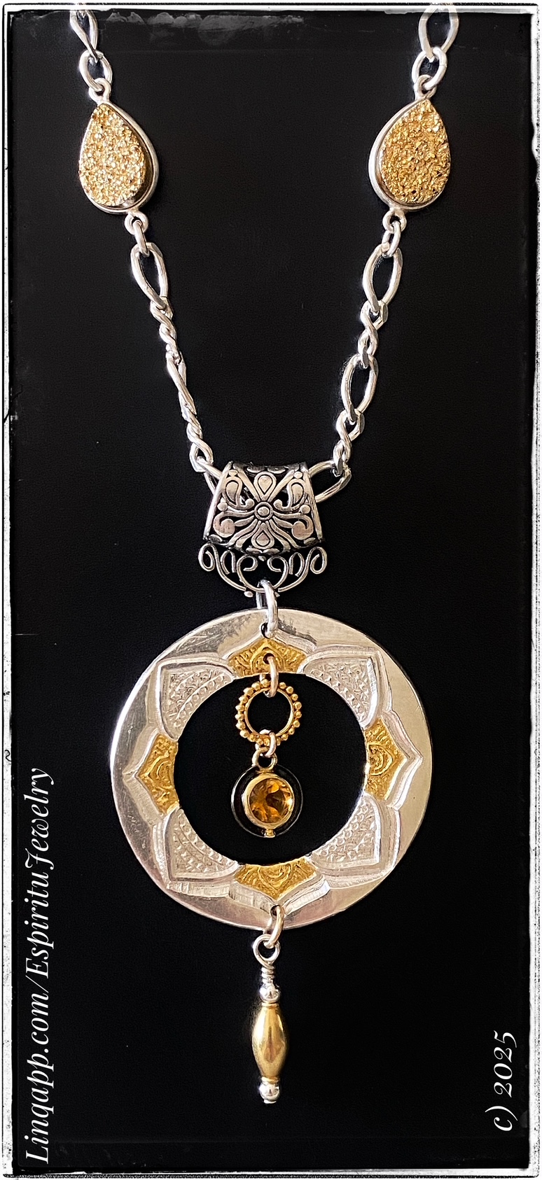 Solid silver pendant with fused 24-karat gold, citrine stones, and an 18-karat gold dangle