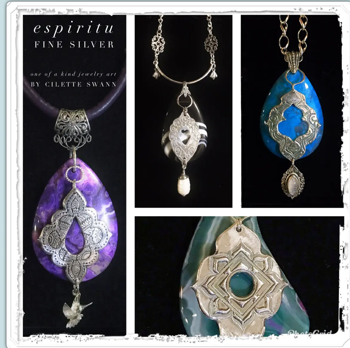 Assorted fine silver pendants with agate and jasper