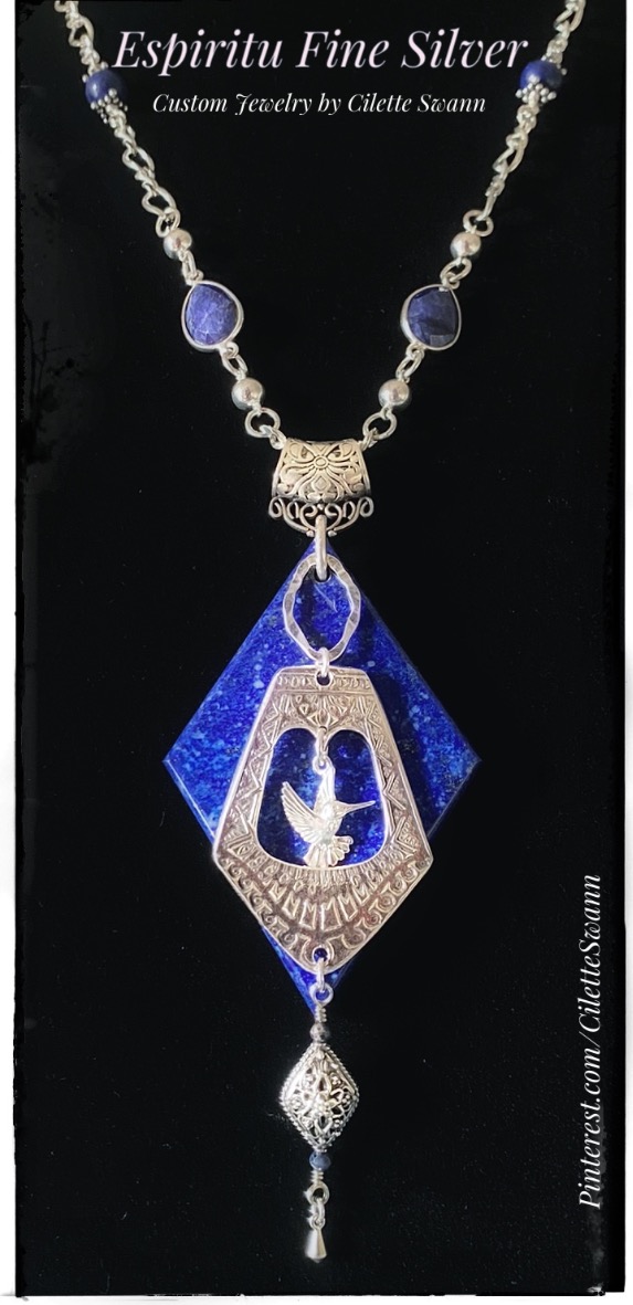 Lapis and sapphire fine silver pendant